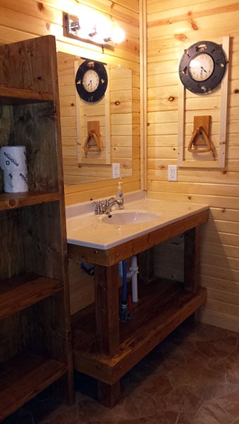 Cabin 5 (Redwood) bathroom vanity and sink.